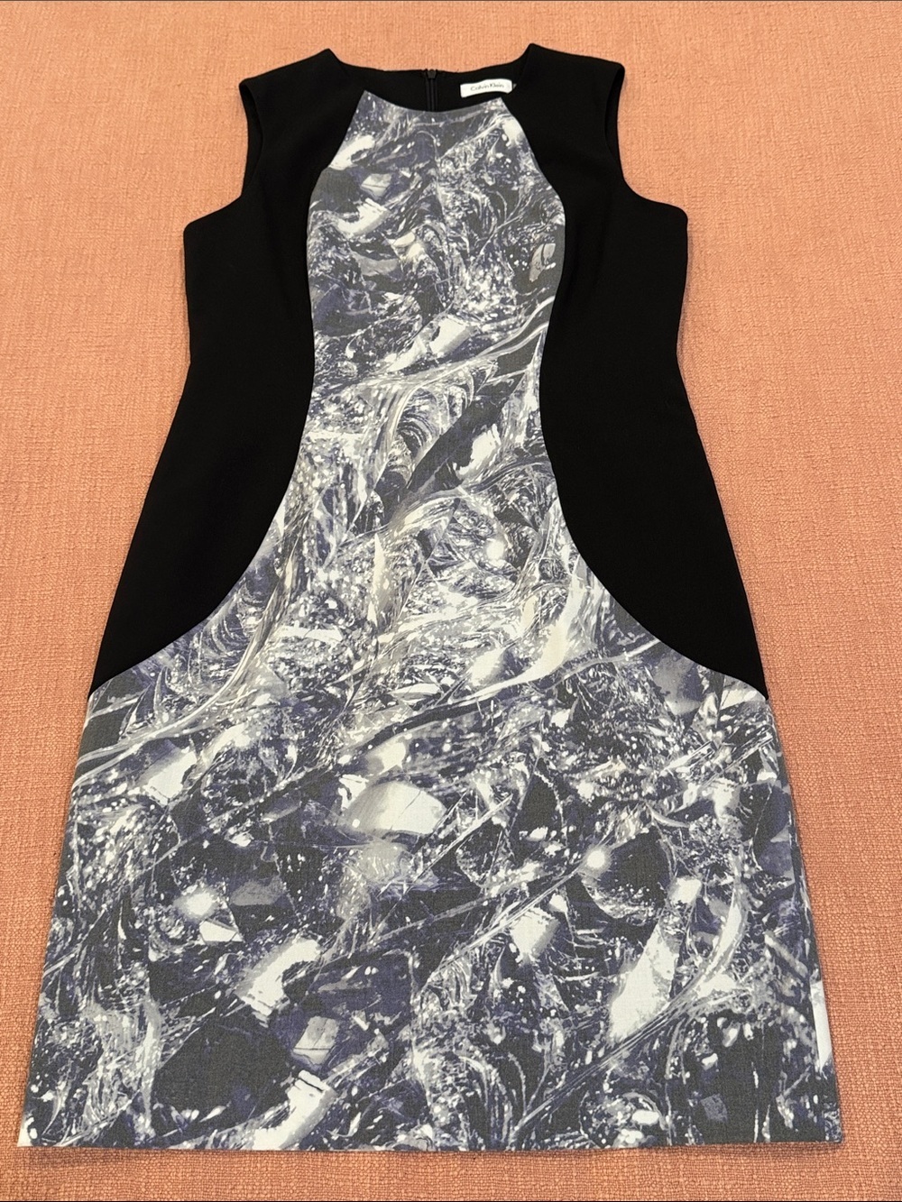 Calvin Klein wm’s size 10 Black & Gray Marble-Print Sheath Midi Dress